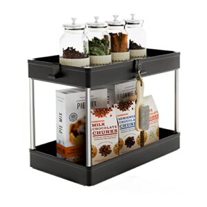 Under Sink Organizer, 2 Tier Bathroom Organizer with 4 Hooks, Multi-purpose Under Sink Storage, Countertop Storage Shelf Holder, Kitchen Spice Rack, Under Sink Storage for Bathroom Kitchen, Black