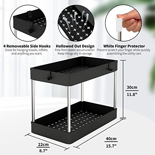 Under Sink Organizer, 2 Tier Bathroom Organizer with 4 Hooks, Multi-purpose Under Sink Storage, Countertop Storage Shelf Holder, Kitchen Spice Rack, Under Sink Storage for Bathroom Kitchen, Black