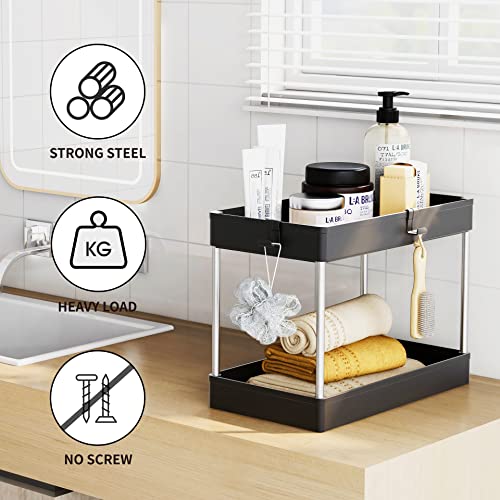 Under Sink Organizer, 2 Tier Bathroom Organizer with 4 Hooks, Multi-purpose Under Sink Storage, Countertop Storage Shelf Holder, Kitchen Spice Rack, Under Sink Storage for Bathroom Kitchen, Black