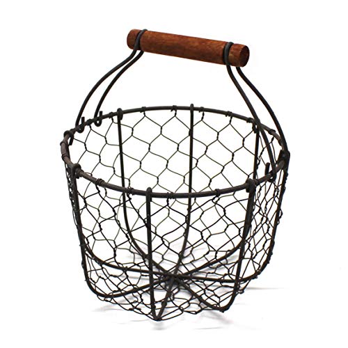 CVHOMEDECO. Round Chicken Wire Egg Basket Fruit Basket with Wooden Handle Primitives Vintage Gathering Basket. Rusty