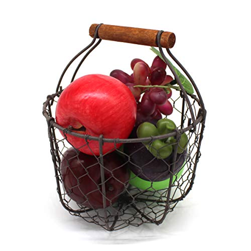 CVHOMEDECO. Round Chicken Wire Egg Basket Fruit Basket with Wooden Handle Primitives Vintage Gathering Basket. Rusty