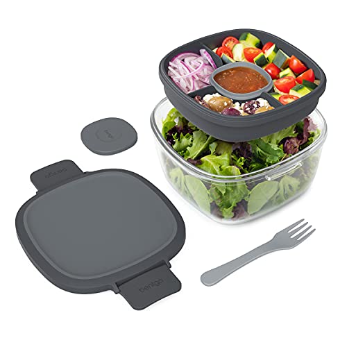 Bentgo® Glass - Leak-Proof Salad Container with Large 61-oz Salad Bowl, 4-Compartment Bento-Style Tray for Toppings, 3-oz Sauce Container for Dressings, and Built-In Reusable Fork (Dark Gray)