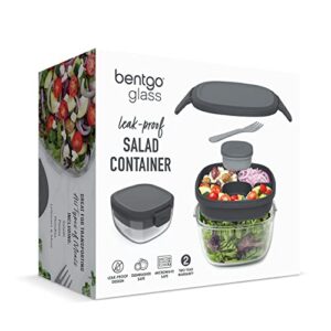 Bentgo® Glass - Leak-Proof Salad Container with Large 61-oz Salad Bowl, 4-Compartment Bento-Style Tray for Toppings, 3-oz Sauce Container for Dressings, and Built-In Reusable Fork (Dark Gray)