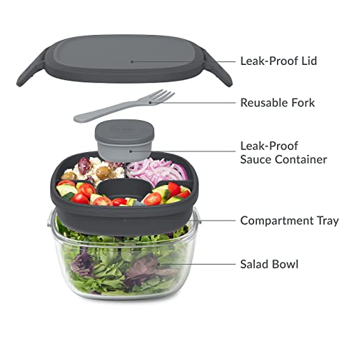 Bentgo® Glass - Leak-Proof Salad Container with Large 61-oz Salad Bowl, 4-Compartment Bento-Style Tray for Toppings, 3-oz Sauce Container for Dressings, and Built-In Reusable Fork (Dark Gray)