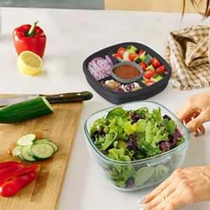 Bentgo® Glass - Leak-Proof Salad Container with Large 61-oz Salad Bowl, 4-Compartment Bento-Style Tray for Toppings, 3-oz Sauce Container for Dressings, and Built-In Reusable Fork (Dark Gray)