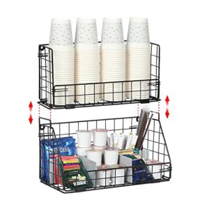 stackable cup lid dispenser and coffee condiment organizer with 2 removable dividers, wall mount&metal wire basket storage for coffee tea bag snack,stand rack holder for breakroom office