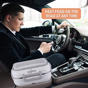 NICEPRO Heated Bento Box Electric Lunch Box Portable Food Warmer Heating Lunch Box Lunch Heater for Car&work Leak Proof 12V 24V110V 3 Grid Plate Removable Container for Adults with Carry Bag (White)