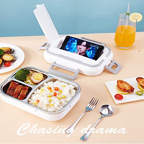 NICEPRO Heated Bento Box Electric Lunch Box Portable Food Warmer Heating Lunch Box Lunch Heater for Car&work Leak Proof 12V 24V110V 3 Grid Plate Removable Container for Adults with Carry Bag (White)