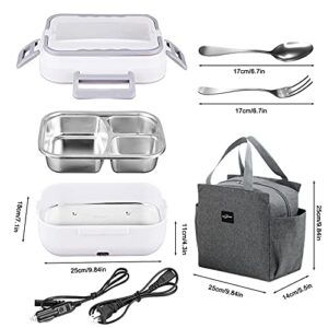 NICEPRO Heated Bento Box Electric Lunch Box Portable Food Warmer Heating Lunch Box Lunch Heater for Car&work Leak Proof 12V 24V110V 3 Grid Plate Removable Container for Adults with Carry Bag (White)