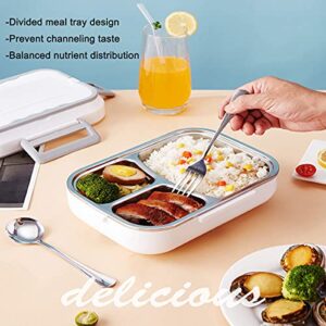 NICEPRO Heated Bento Box Electric Lunch Box Portable Food Warmer Heating Lunch Box Lunch Heater for Car&work Leak Proof 12V 24V110V 3 Grid Plate Removable Container for Adults with Carry Bag (White)