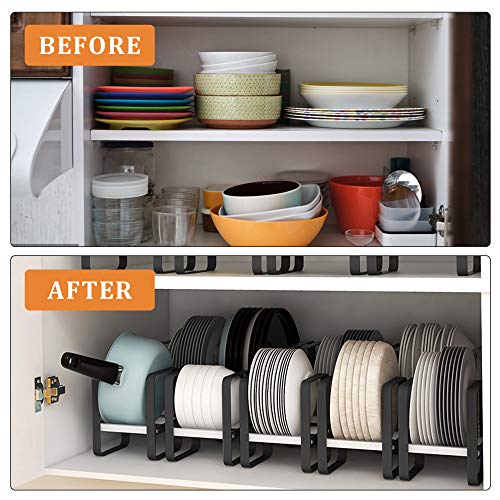 Akamino Large Plate Holders Organizer, Metal Dish Storage Dying Display Rack for Kitchen Cabinet Countertop - Non-Slip & Rustproof（White & Black）