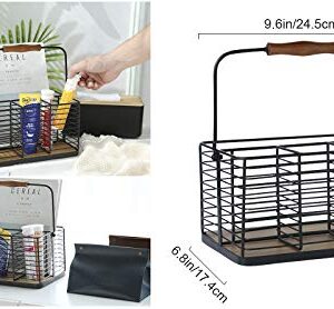 VANRA Utensil Holder Kitchen Condiment Organizer Utensil Caddy Storage Basket Organizer Metal Flatware Caddy with Wood Handle, Black