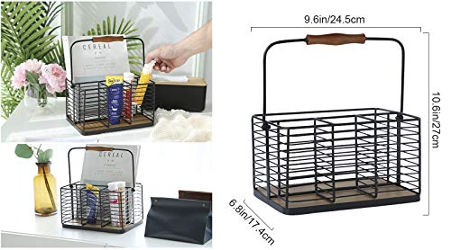 VANRA Utensil Holder Kitchen Condiment Organizer Utensil Caddy Storage Basket Organizer Metal Flatware Caddy with Wood Handle, Black