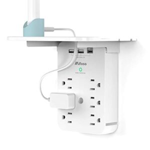 wall outlet extender – surge protector 6 ac outlets multi plug outlet with shelf, 2 usb and usb c charging ports wall plug expander, usb wall charger outlet splitter for home dorm