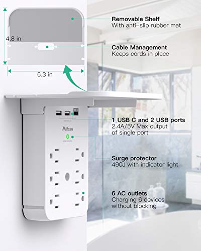 Wall Outlet Extender - Surge Protector 6 AC Outlets Multi Plug Outlet with Shelf, 2 USB and USB C Charging Ports Wall Plug Expander, USB Wall Charger Outlet Splitter for Home Dorm