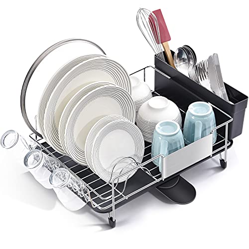 TOOLF Stainless Steel Dish Drying Rack, Kitchen Sink Organizer and Drainboard Set, Large Capacity Dish Drainer Kitchen Accessories with 360° Swivel Spout, Cup Holder & Cutlery Box, One Piece