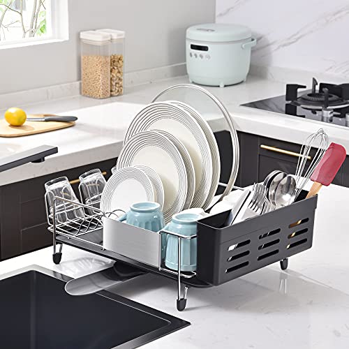 TOOLF Stainless Steel Dish Drying Rack, Kitchen Sink Organizer and Drainboard Set, Large Capacity Dish Drainer Kitchen Accessories with 360° Swivel Spout, Cup Holder & Cutlery Box, One Piece