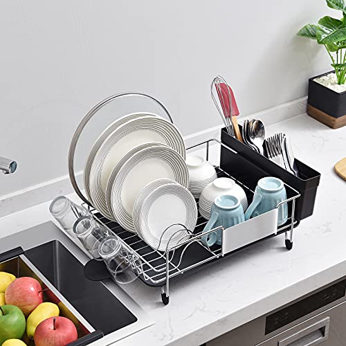 TOOLF Stainless Steel Dish Drying Rack, Kitchen Sink Organizer and Drainboard Set, Large Capacity Dish Drainer Kitchen Accessories with 360° Swivel Spout, Cup Holder & Cutlery Box, One Piece