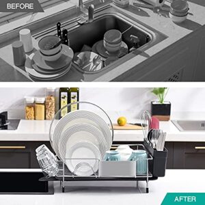 TOOLF Stainless Steel Dish Drying Rack, Kitchen Sink Organizer and Drainboard Set, Large Capacity Dish Drainer Kitchen Accessories with 360° Swivel Spout, Cup Holder & Cutlery Box, One Piece