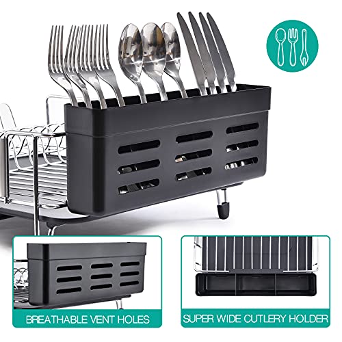 TOOLF Stainless Steel Dish Drying Rack, Kitchen Sink Organizer and Drainboard Set, Large Capacity Dish Drainer Kitchen Accessories with 360° Swivel Spout, Cup Holder & Cutlery Box, One Piece