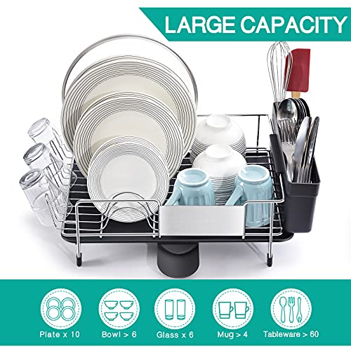TOOLF Stainless Steel Dish Drying Rack, Kitchen Sink Organizer and Drainboard Set, Large Capacity Dish Drainer Kitchen Accessories with 360° Swivel Spout, Cup Holder & Cutlery Box, One Piece
