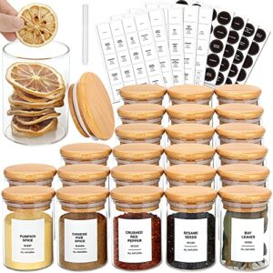 juneheart 24 pcs spice jars with bamboo lids, 5.5oz glass spice jars with 194 labels, airtight seasoning container for kitchen spice sugar salt coffee tea beans