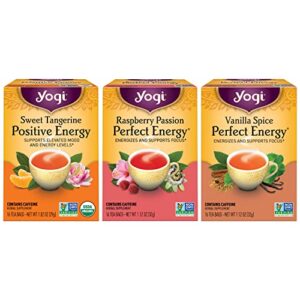 yogi tea – energy tea variety pack sampler (3 pack) – sweet tangerine positive energy, raspberry passion perfect energy, and vanilla spice perfect energy – contains caffeine – 48 tea bags