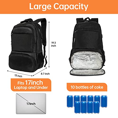 DAILY&DIARY Lunch Backpack, Insulated Cooler Backpack with Lunch Compartment for Men Women Water Resistant Lunch Bag 15.6 Inch Laptop Backpack Durable for Work, School, Camping, Picnics, Black