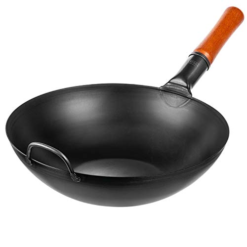 YOSUKATA Carbon Steel Wok Pan – 13,5 “ Woks and Stir Fry Pans - Chinese Wok with Flat Bottom Pow Wok - Traditional Chinese Japanese Woks - Black Steel Wok