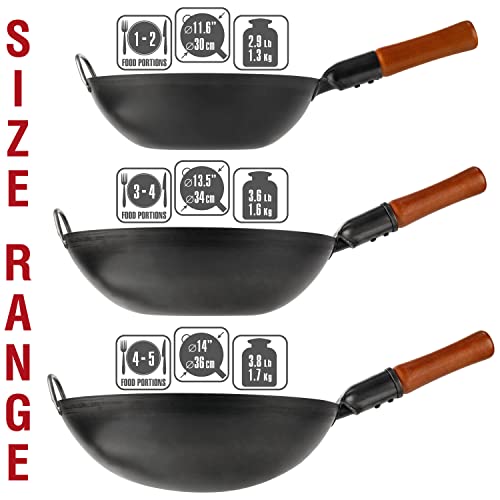 YOSUKATA Carbon Steel Wok Pan – 13,5 “ Woks and Stir Fry Pans - Chinese Wok with Flat Bottom Pow Wok - Traditional Chinese Japanese Woks - Black Steel Wok