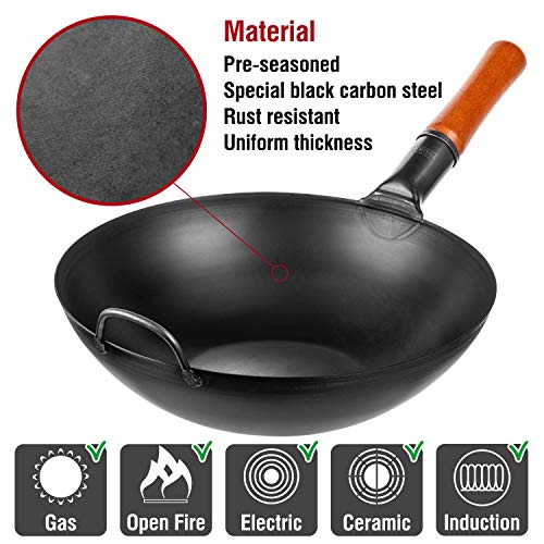 YOSUKATA Carbon Steel Wok Pan – 13,5 “ Woks and Stir Fry Pans - Chinese Wok with Flat Bottom Pow Wok - Traditional Chinese Japanese Woks - Black Steel Wok