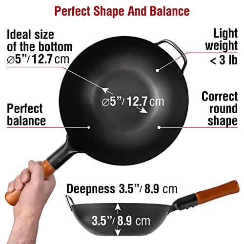 YOSUKATA Carbon Steel Wok Pan – 13,5 “ Woks and Stir Fry Pans - Chinese Wok with Flat Bottom Pow Wok - Traditional Chinese Japanese Woks - Black Steel Wok