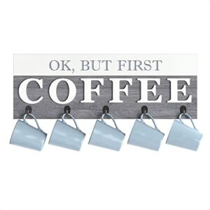 barnyard designs ‘ok, but first coffee’ hanging mug holder, wall mounted coffee cup organizer rack, rustic farmhouse wood wall decor sign, for kitchen, coffee bar or cafe, gray and white, 24” x 8.5”