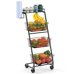 auledio 4-tier fruit vegetables basket bowl rolling storage cart with banana hanger paper towels holder , black