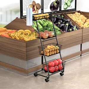 Auledio 4-Tier Fruit Vegetables Basket Bowl Rolling Storage Cart With Banana Hanger Paper Towels Holder , Black
