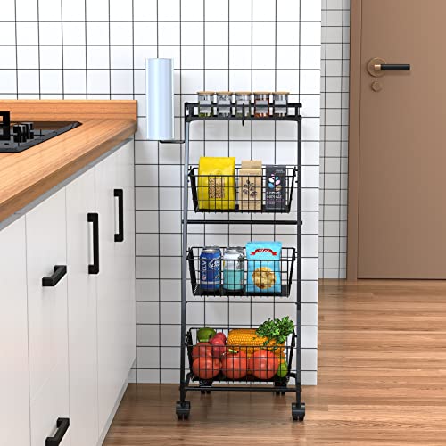 Auledio 4-Tier Fruit Vegetables Basket Bowl Rolling Storage Cart With Banana Hanger Paper Towels Holder , Black