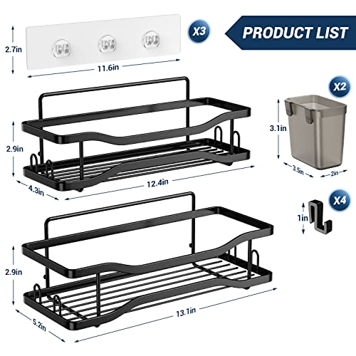 Foukus Shower Caddy, 2 Pack Bathroom Shower Organizer, Adhesive Shower Shelves with hooks and Hanging Cups, No Drilling Rustproof Stainless Steel Bathroom Caddy for Shower Storage