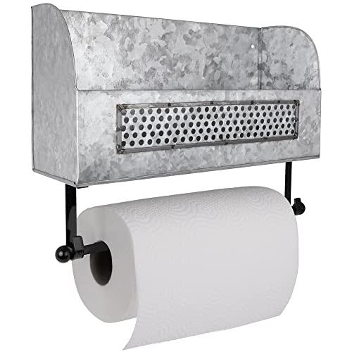 Autumn Alley Rustic Paper Towel Holder with Shelf Wall Mounted – Stylish Farmhouse Paper Towel Holder – Galvanized Paper Towel Hanging Rack – Farmhouse Kitchen and Bathroom Wall Decor