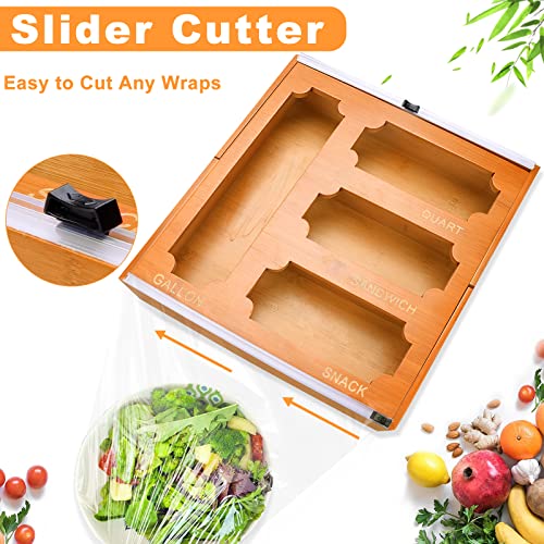 Ziplock Bag Storage Organizer and Dispenser with Cutter, Bamboo Organizer Compatible with Gallon,Sandwich & Snack