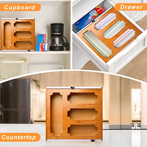 Ziplock Bag Storage Organizer and Dispenser with Cutter, Bamboo Organizer Compatible with Gallon,Sandwich & Snack