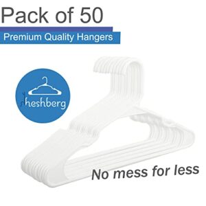 Heshberg Plastic Notched Hangers Space Saving Tubular Clothes Hangers Standard Size Ideal for Everyday Use on Shirts, Coats, Pants, Dress, Skirts, Etc. (50 Pack, White)