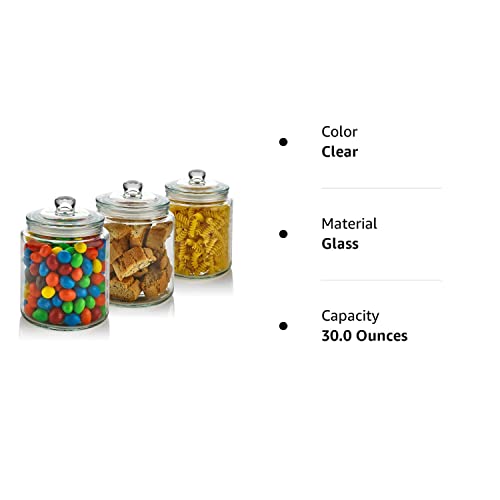 3 Pc 30oz Clear Glass Storage Jar with Lids - Airtight Food Jars - Glass Kitchen Containers for Pantry, Countertop