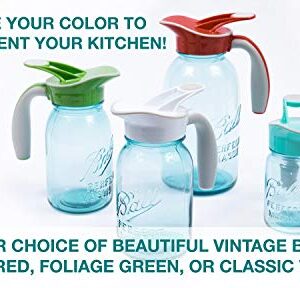 Ergo Spout mason jar traditional styled spout with ergonomic handle for syrup, dressing, gravy, sauce – nonsealing flip top cover (REGULAR MOUTH, Vintage Blue - Teal)
