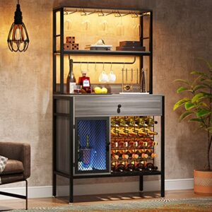 tribesigns 64″ wine rack, 5-tier wine bar cabinet with 6 hooks, 32-bottles large capacity liquor cabinet with wine bottle holders, wine bar for kitchen, dining/living room, wine cellar, retro grey