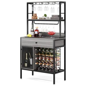 Tribesigns 64" Wine Rack, 5-Tier Wine Bar Cabinet with 6 Hooks, 32-Bottles Large Capacity Liquor Cabinet with Wine Bottle Holders, Wine Bar for Kitchen, Dining/Living Room, Wine Cellar, Retro Grey
