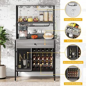 Tribesigns 64" Wine Rack, 5-Tier Wine Bar Cabinet with 6 Hooks, 32-Bottles Large Capacity Liquor Cabinet with Wine Bottle Holders, Wine Bar for Kitchen, Dining/Living Room, Wine Cellar, Retro Grey