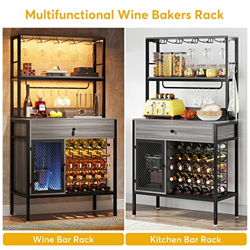 Tribesigns 64" Wine Rack, 5-Tier Wine Bar Cabinet with 6 Hooks, 32-Bottles Large Capacity Liquor Cabinet with Wine Bottle Holders, Wine Bar for Kitchen, Dining/Living Room, Wine Cellar, Retro Grey