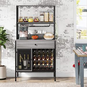 Tribesigns 64" Wine Rack, 5-Tier Wine Bar Cabinet with 6 Hooks, 32-Bottles Large Capacity Liquor Cabinet with Wine Bottle Holders, Wine Bar for Kitchen, Dining/Living Room, Wine Cellar, Retro Grey