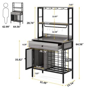 Tribesigns 64" Wine Rack, 5-Tier Wine Bar Cabinet with 6 Hooks, 32-Bottles Large Capacity Liquor Cabinet with Wine Bottle Holders, Wine Bar for Kitchen, Dining/Living Room, Wine Cellar, Retro Grey