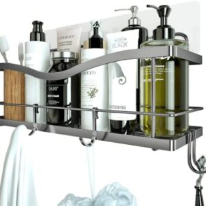 KINCMAX Shower Caddy, Rustproof SUS304 Stainless Steel, Adhesive Wall Mount Drill-Free Baskets with Hooks (Polished Silver)